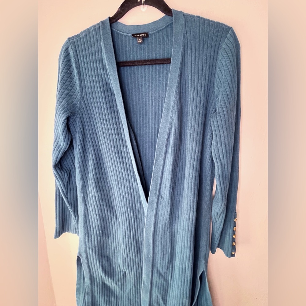 Talbots Teal Duster Open Front Cardigan Ribbed Stretch Women’s Size Medium - Picture 3 of 7
